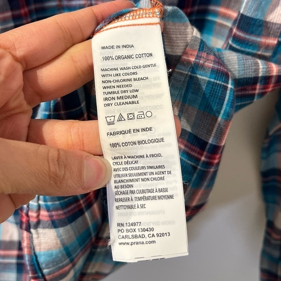 prAna Organic Cotton Blue White Red Plaid Shirt Size Medium - Picture 8 of 8